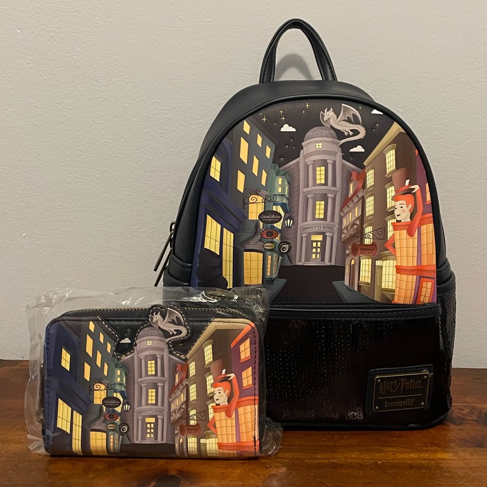 Loungefly Harry Potter Diagon Alley Sequin Cosplay Mini Backpack and Wallet NWT